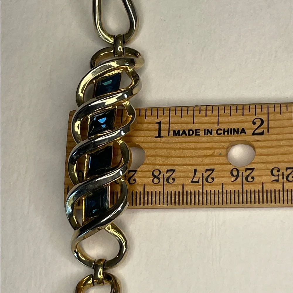 Vintage Marvella Twisted Woven Gold Tone Design Four Blue Rhinestones Bracelet - Picture 9 of 9